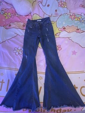 Full Tilt Dark Blue Flare Jeans with Distressed Detail